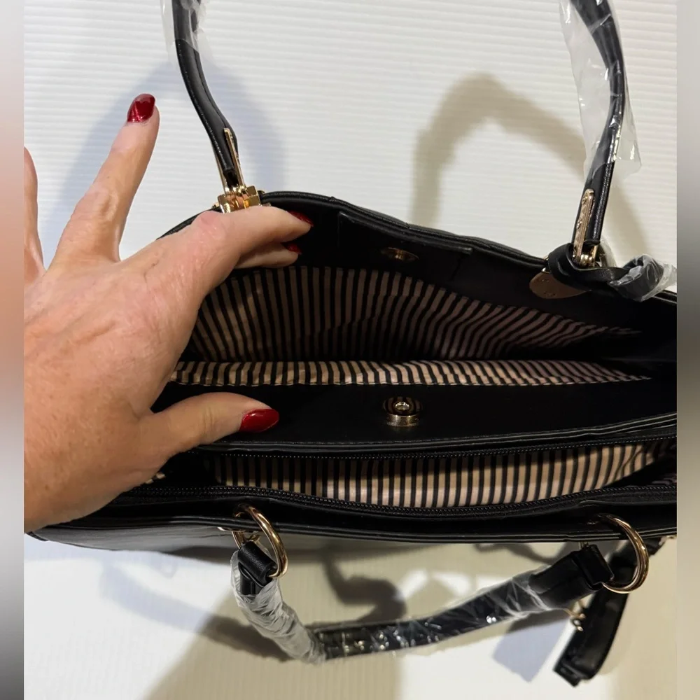 NWT 2PC Black Quilted Handbag with Crossbody Strap, Bag Charm and Wallet